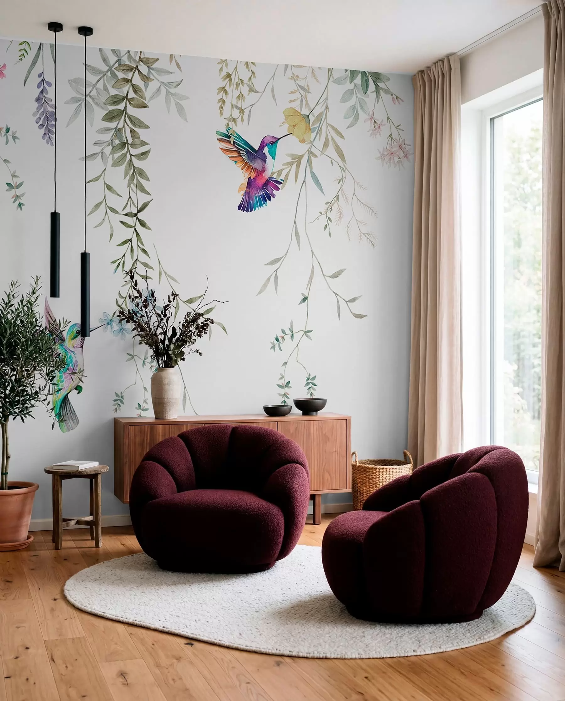 Fotobehang Hangende bloemen en bladeren en prachtige kolibries w00660