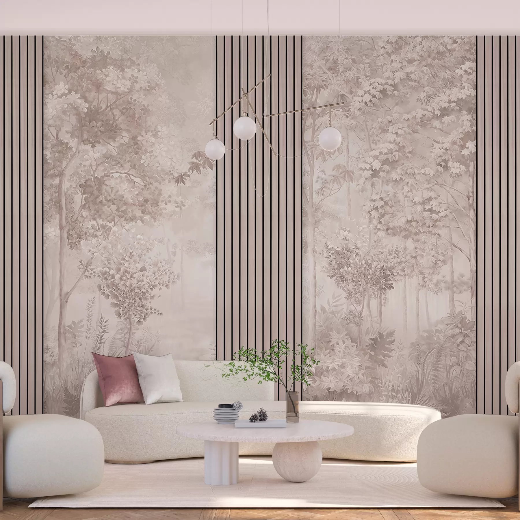 Fotobehang Houten panelen en delicaat bos in roze tinten w00670v1