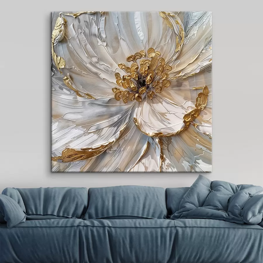Fotobehang Een close-up van een grote witte bloem met meeldraden in het midden, kunstdecor voor olieverfschilderijen s38755