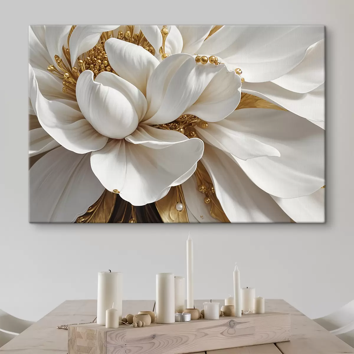  Peintures Gros plan sur une grande fleur blanche aux pétales et étamines délicats au centre du minimalisme. s38762