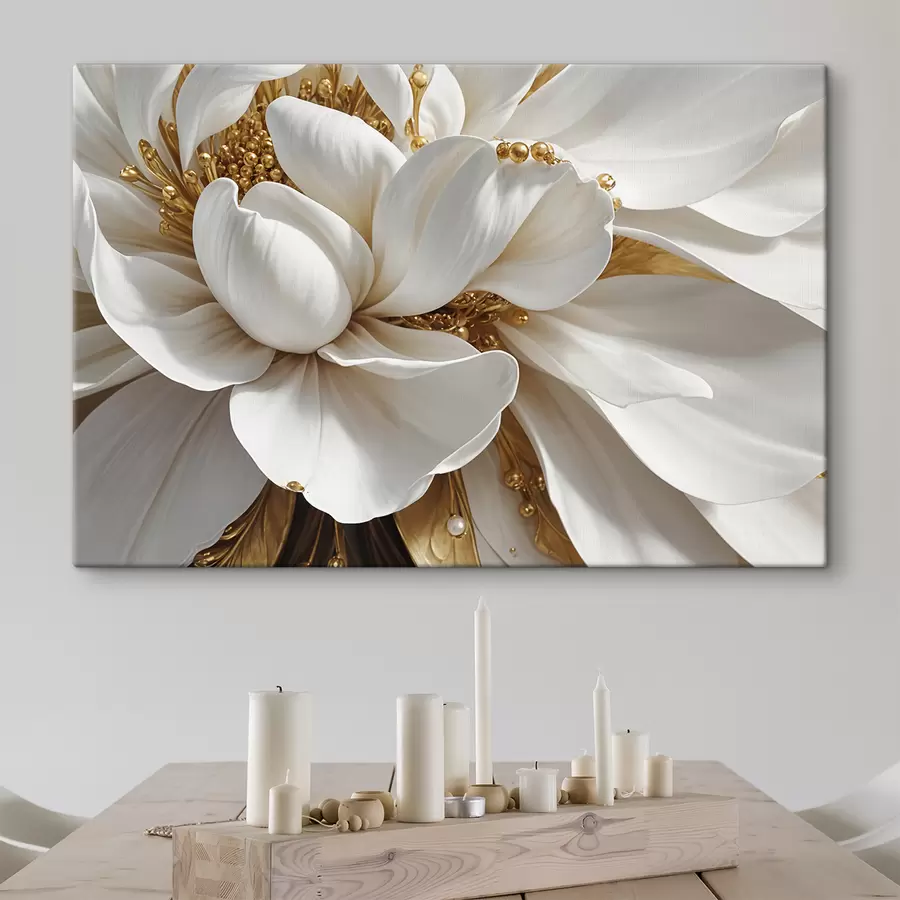  Peintures Gros plan sur une grande fleur blanche aux pétales et étamines délicats au centre du minimalisme. s38762