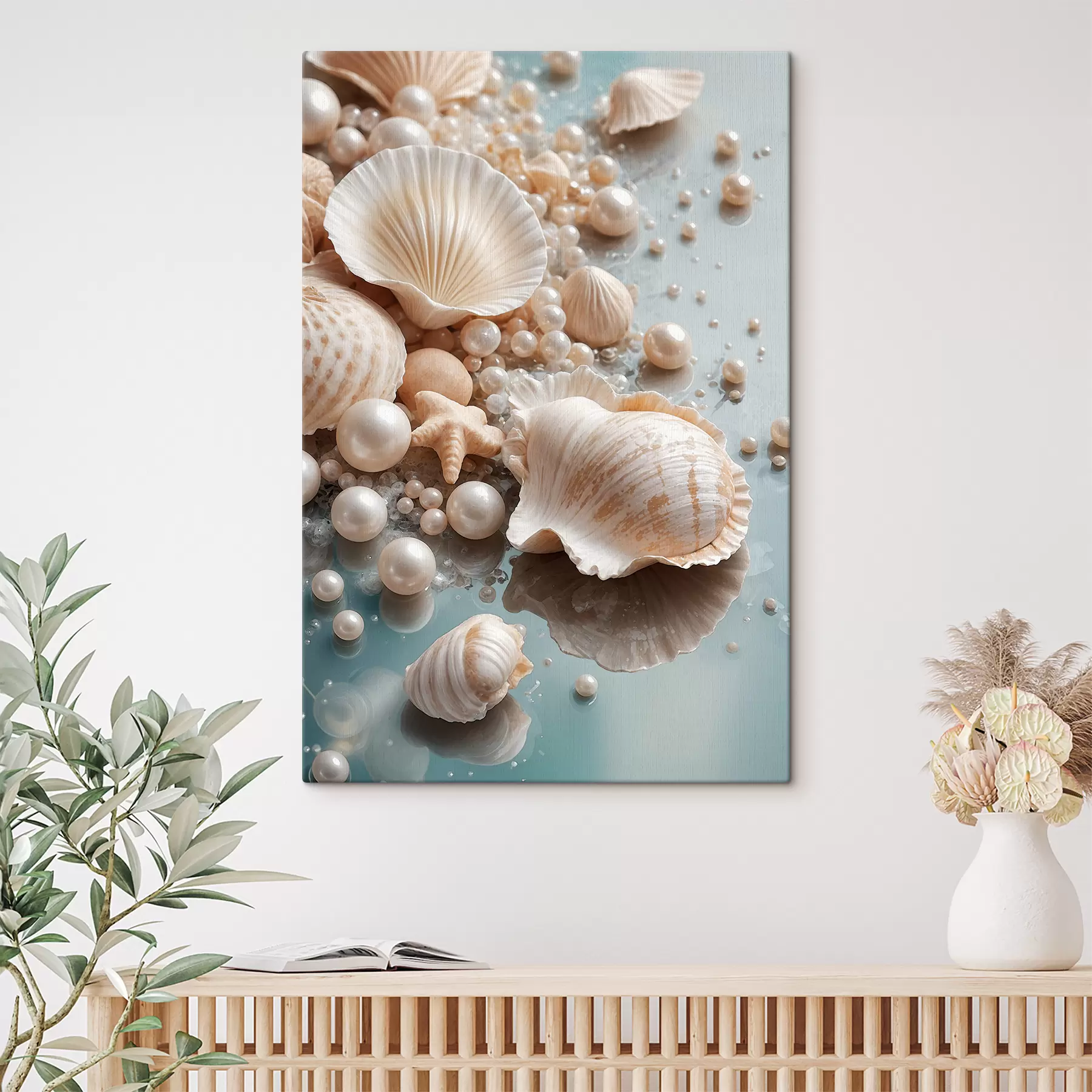 Papier peint photo Assortiment de coquillages et de perles sur fond bleu clair s38769