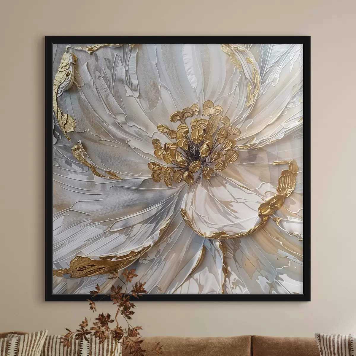 Poster Close-up van een grote witte bloem met gele meeldraden binnenin, artistieke olieverf decoratie f38755