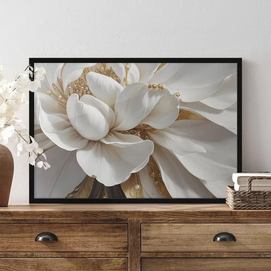 Papier peint photo Un gros plan d'une grande fleur blanche avec des pétales délicats et des étamines au centre du minimalisme f38762