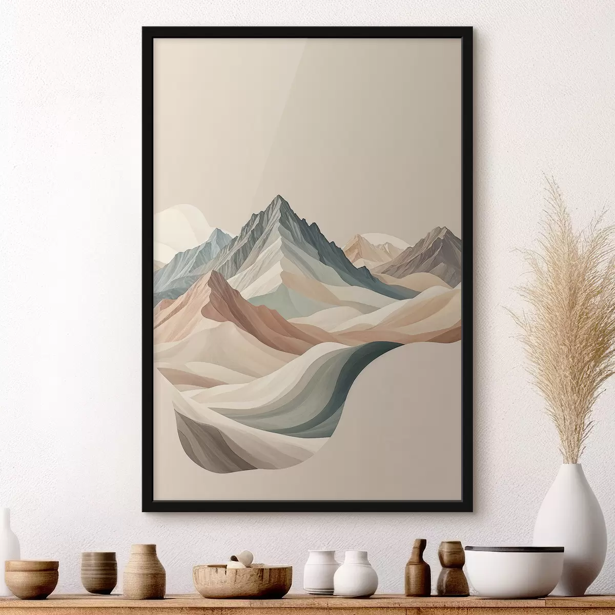 Poster Minimalistisch berglandschap met rotsachtige toppen en glooiende heuvels in beige f38770