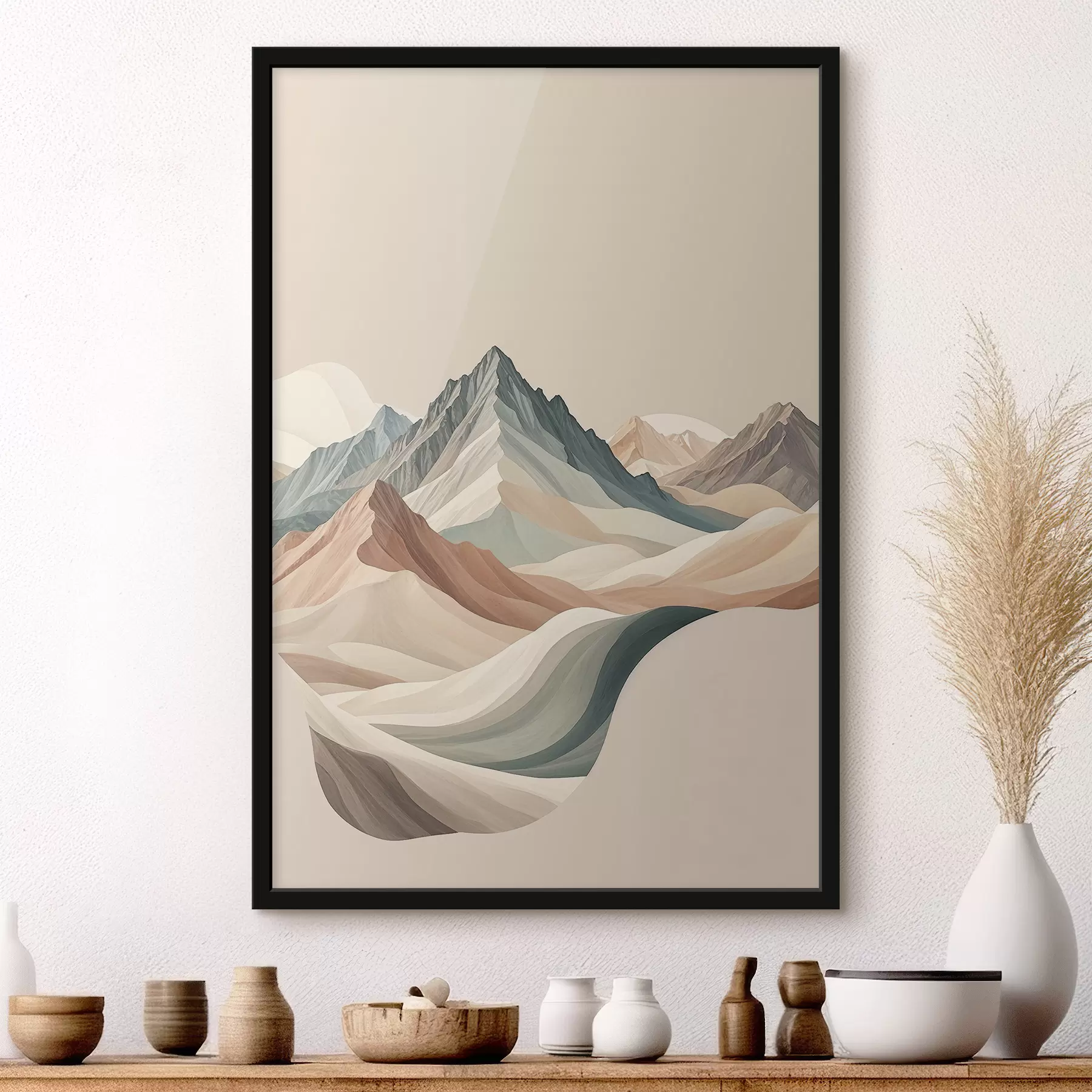  Peintures Paysage de montagne minimaliste avec des sommets rocheux et des collines en beige f38770