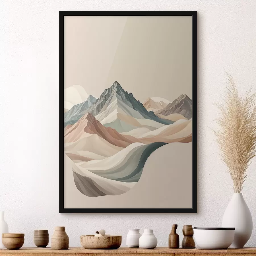Papier peint photo Paysage de montagne minimaliste avec des sommets rocheux et des collines en beige f38770