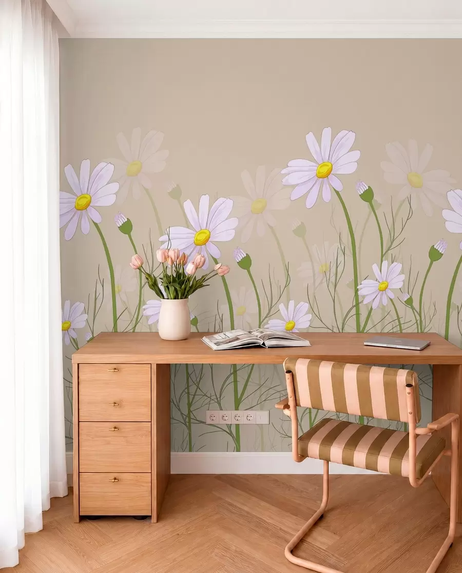 Fotobehang grote madeliefjes op een beige achtergrond w00802