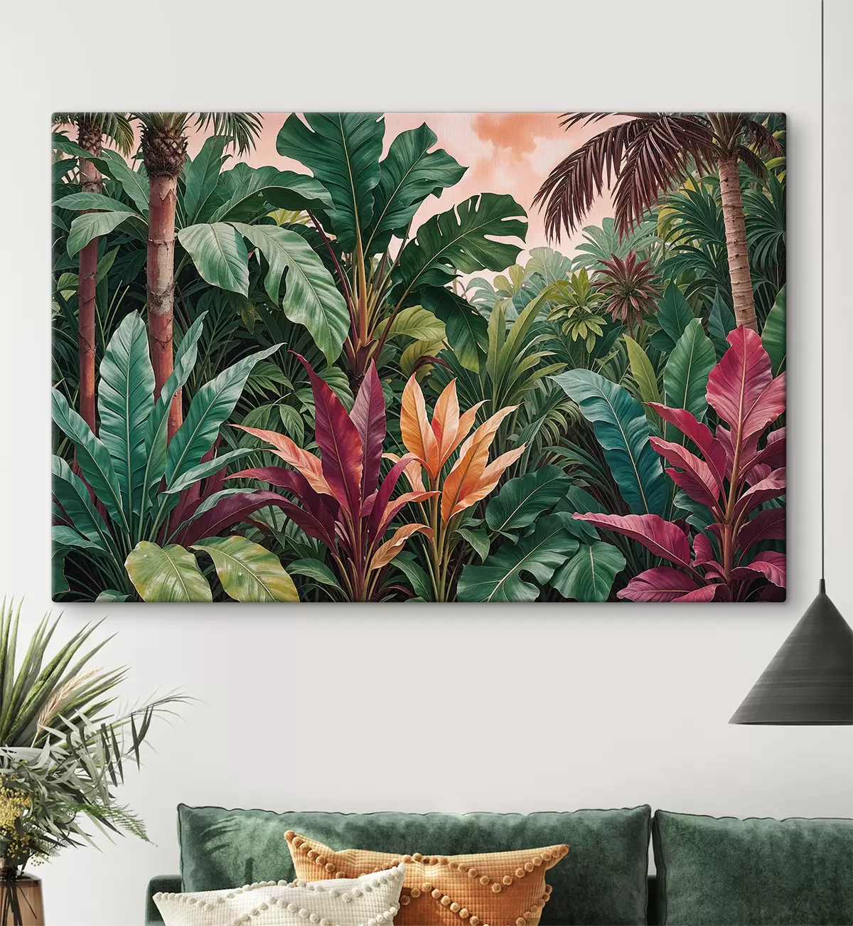  Peintures Une jungle tropicale luxuriante avec des feuilles vertes vibrantes, des palmes et des fleurs colorées s38817