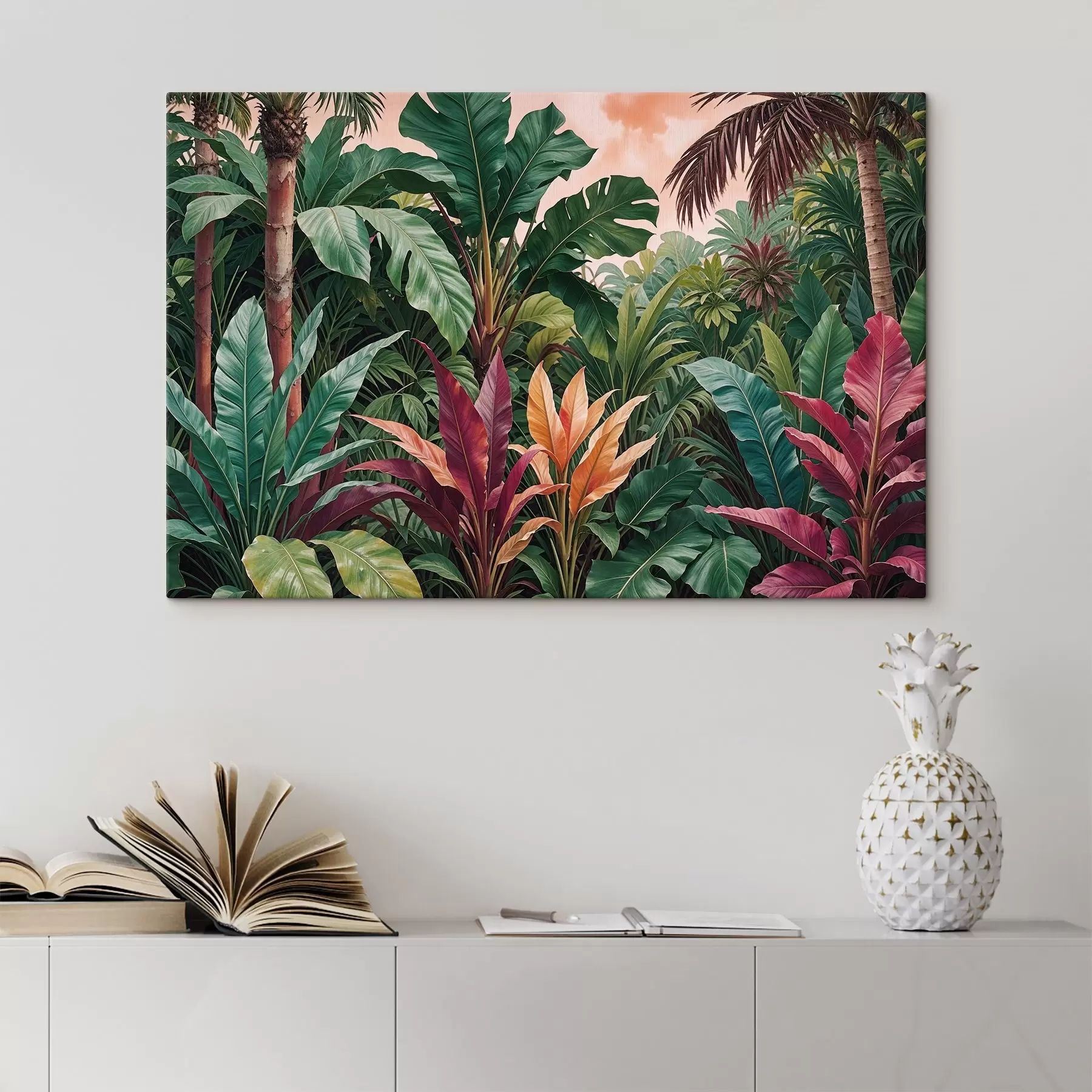  Peintures Une jungle tropicale luxuriante avec des feuilles vertes vibrantes, des palmes et des fleurs colorées s38817