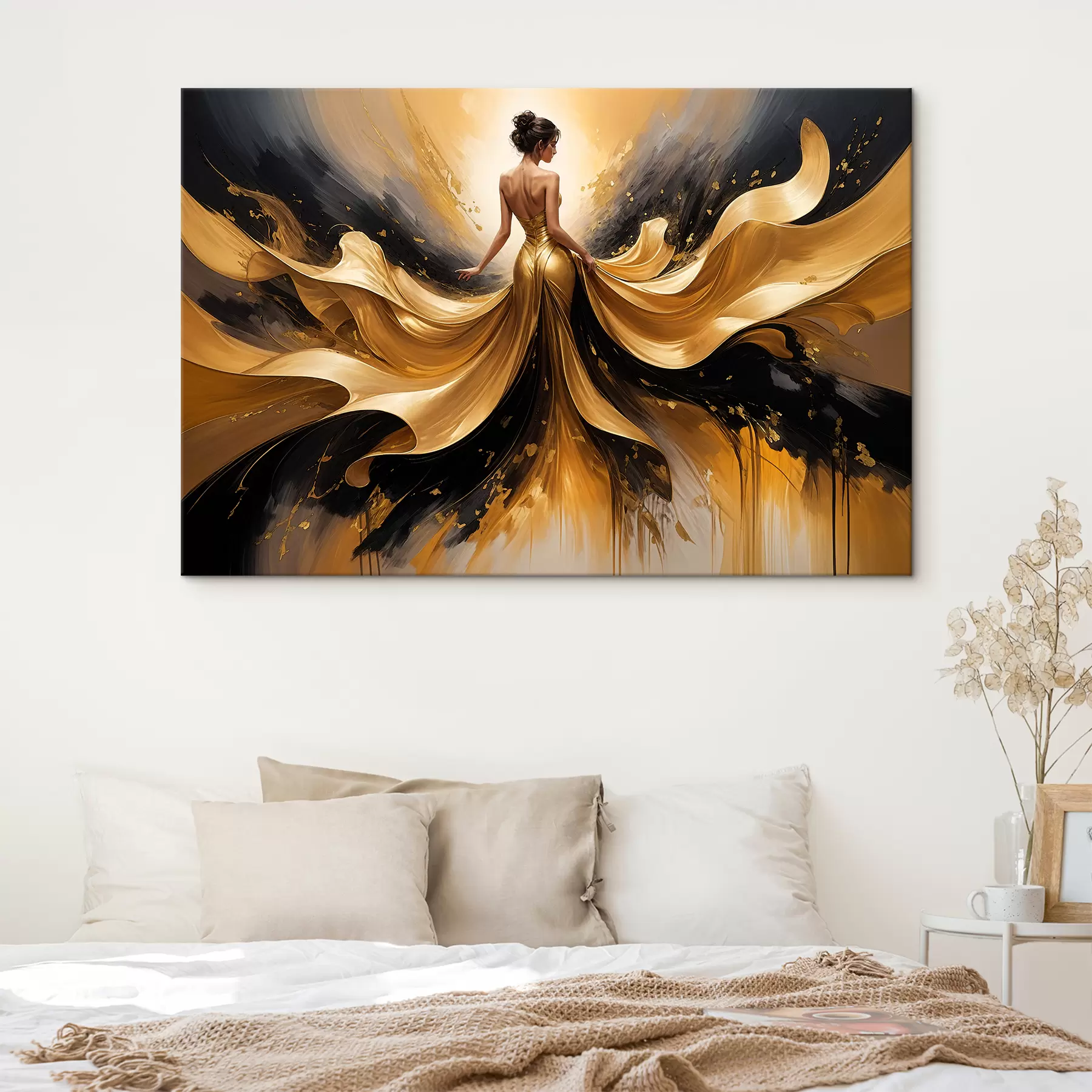 Fotobehang Een boeket witte lelies in een blauwe en witte keramische vaas tegen een blauw olieverfstilleven als achtergrond s38820