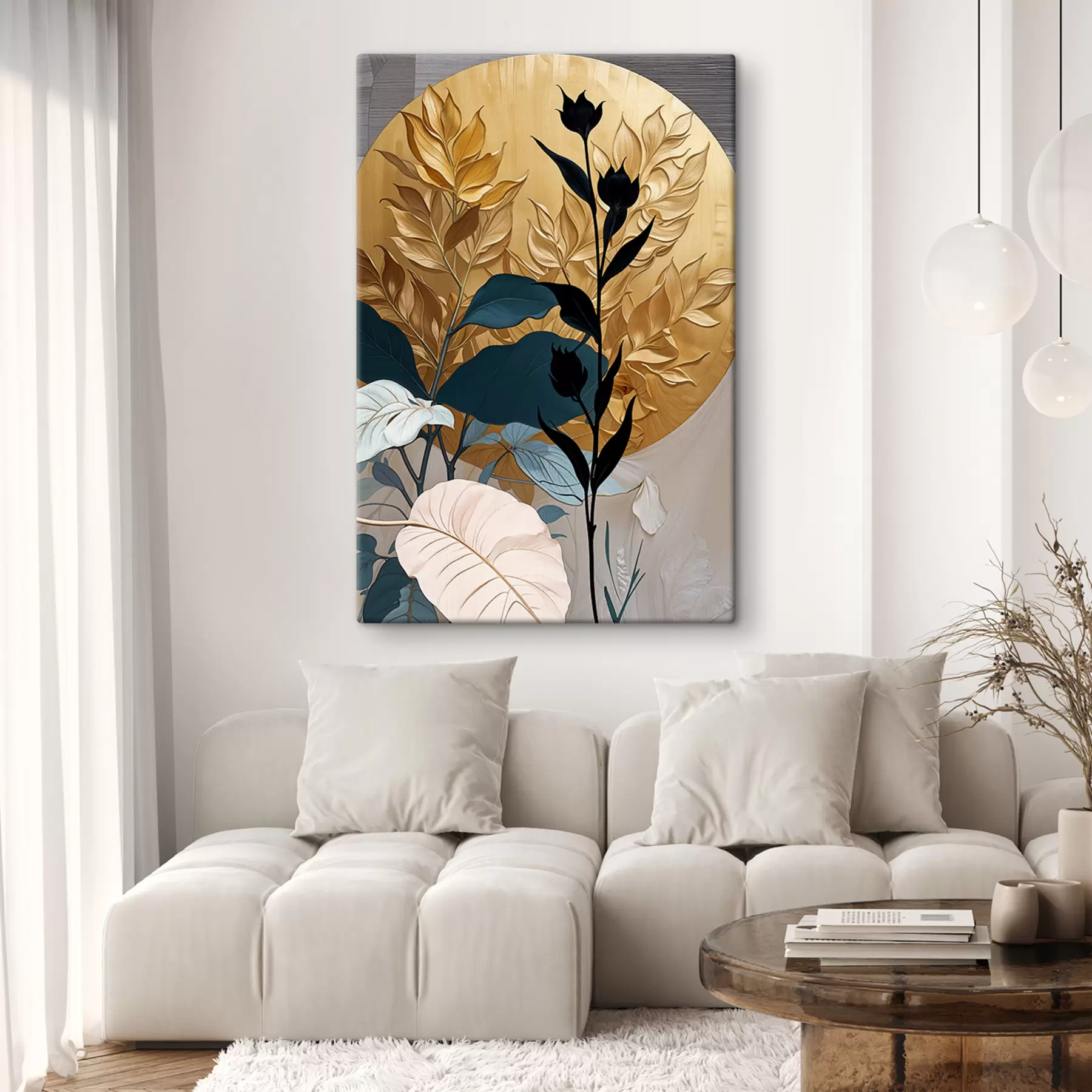 Fotobehang Abstracte bloemencompositie met grote bladeren en donkere silhouetvormen s38822