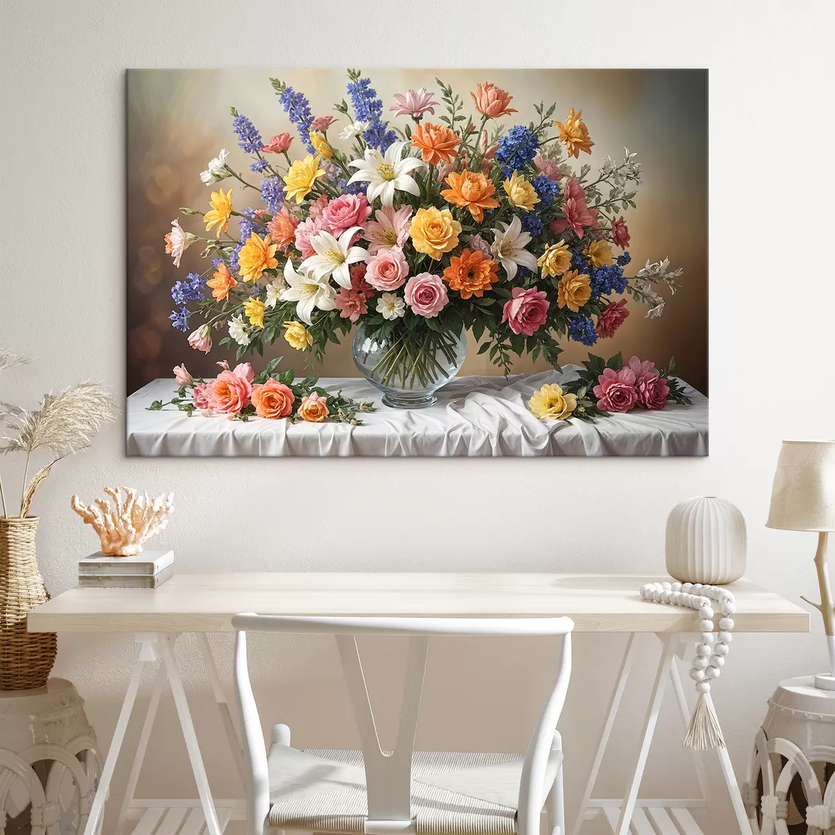  Schilderijen Een levendig boeket van verschillende kleurrijke bloemen in een glazen vaas op een wit tafelkleed, kunstschilderij vintage s38825