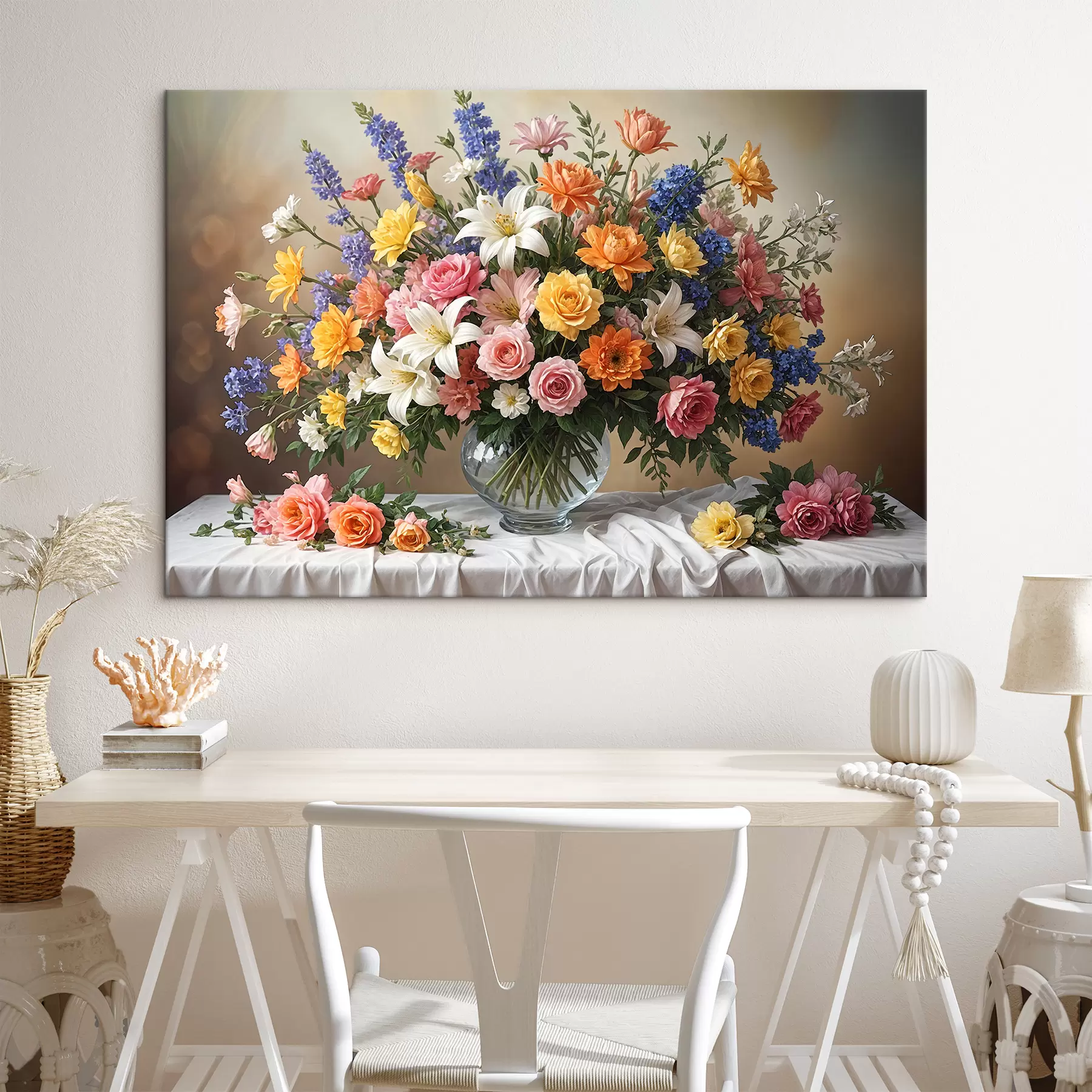 Papier peint photo Un bouquet vibrant de diverses fleurs colorées dans un vase en verre sur une nappe blanche, peinture d'art vintage s38825