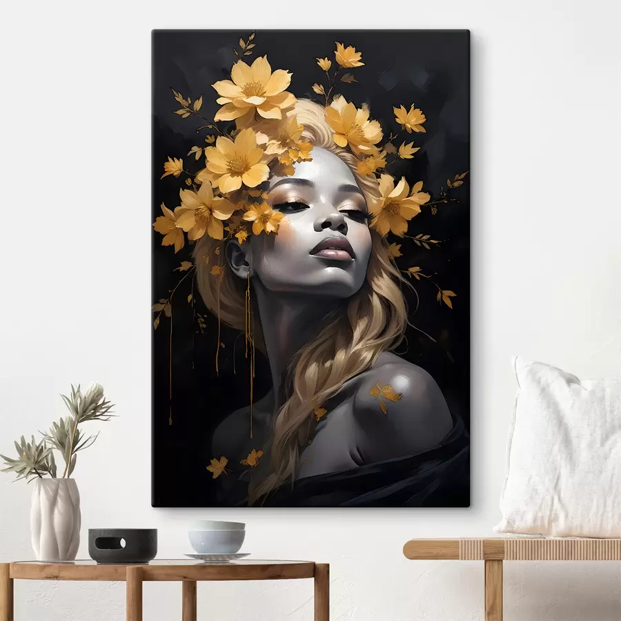  Peintures Portrait d'une jeune femme entourée de feuilles d'automne sur fond sombre s38834