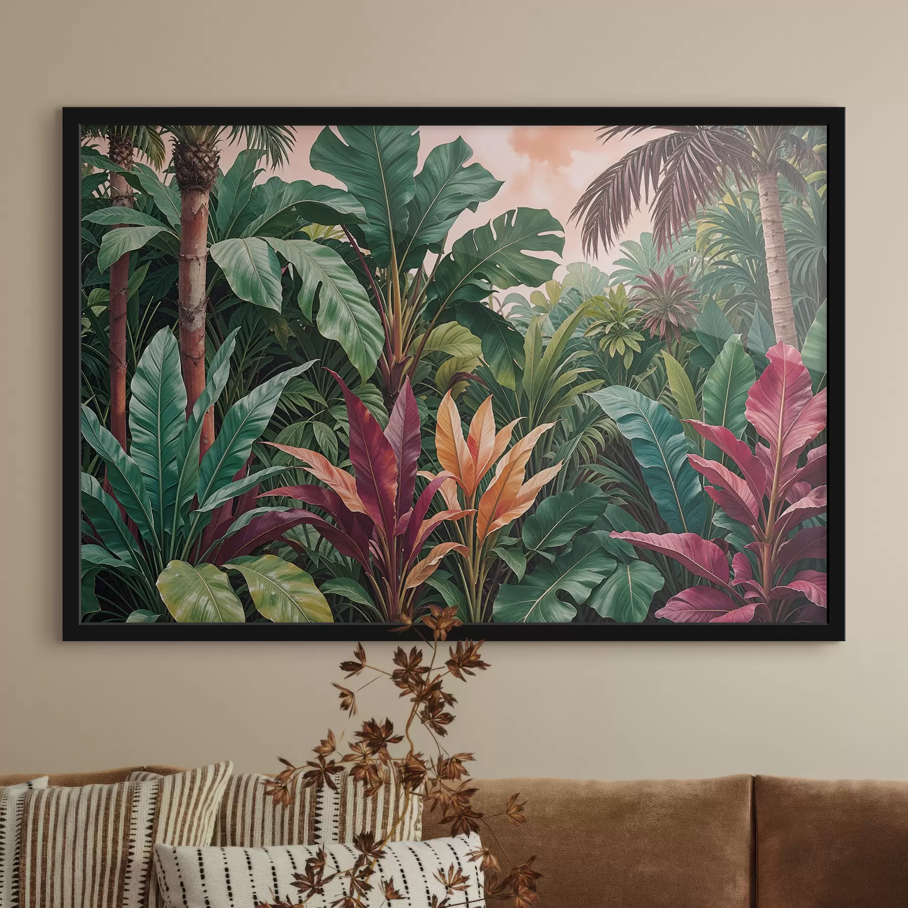  Peintures Une jungle tropicale luxuriante avec des feuilles vertes vibrantes, des palmes et des fleurs colorées f38817
