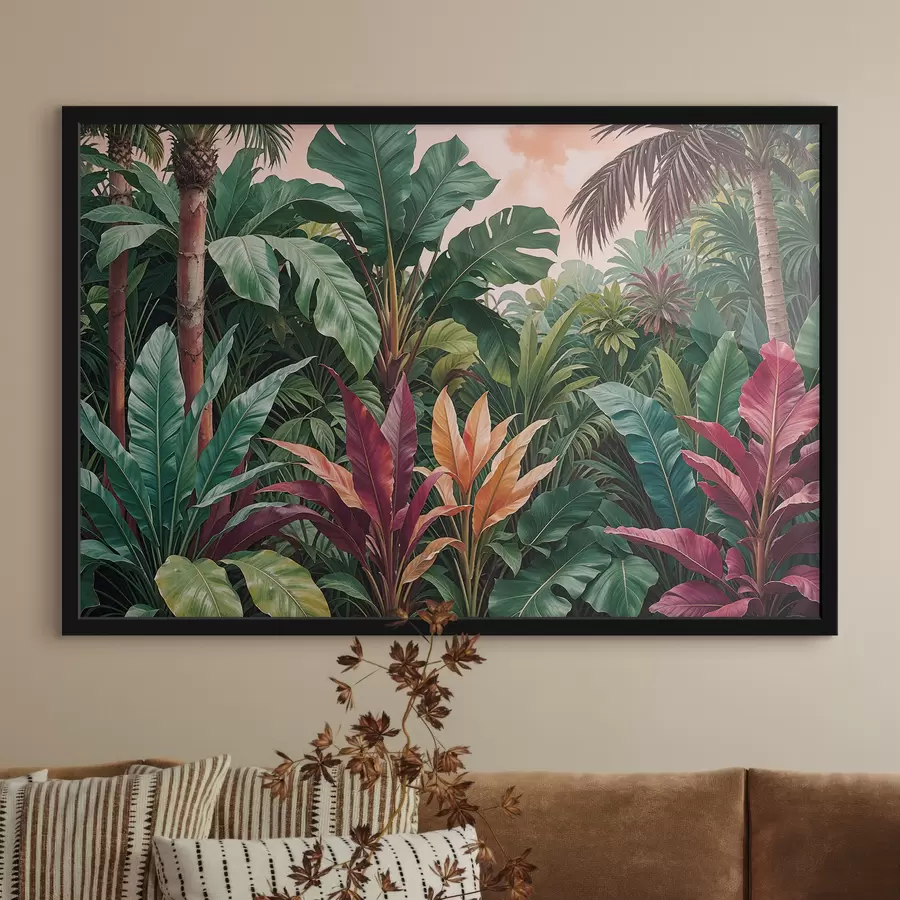 Fotobehang Een weelderige, tropische jungle met levendige groene bladeren, palmbladeren en kleurrijke bloemen f38817