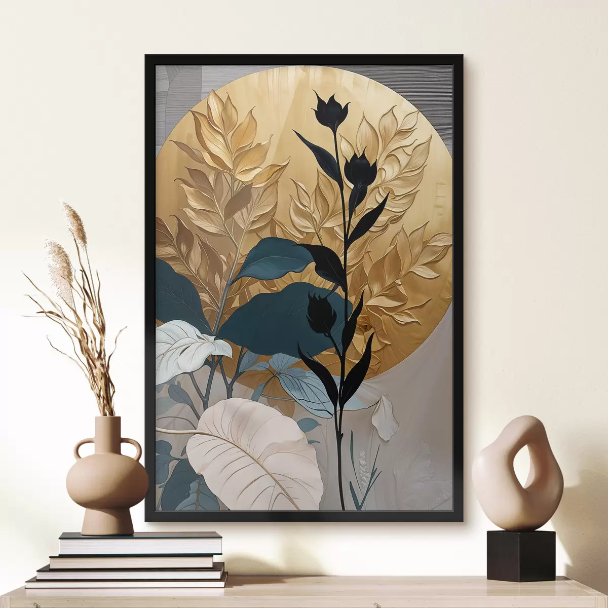 Poster Abstracte bloemencompositie met grote bladeren en donkere silhouetvormen f38822