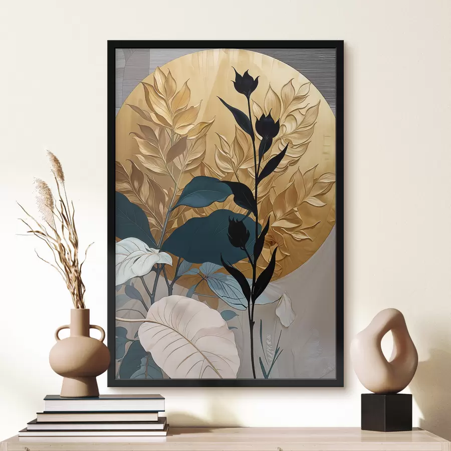 Papier peint photo Composition florale abstraite avec de grandes feuilles et des formes sombres f38822