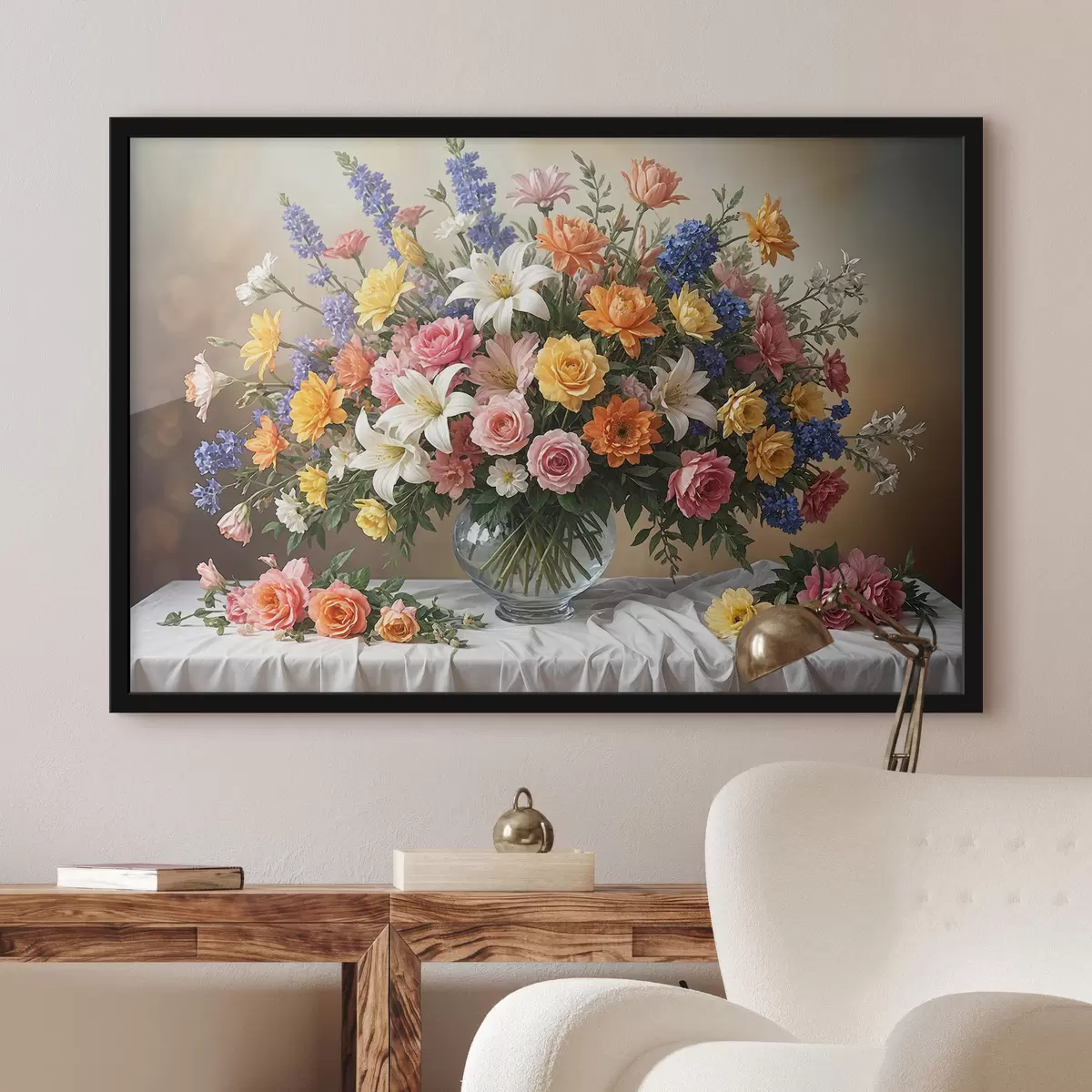 Affiche Un bouquet vibrant de diverses fleurs colorées dans un vase en verre sur une nappe blanche, peinture d'art vintage f38825