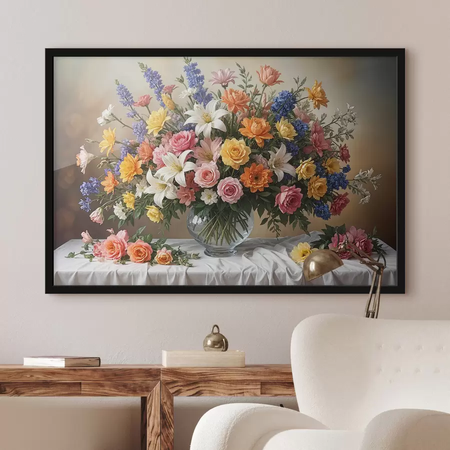 Fotobehang Een levendig boeket van verschillende kleurrijke bloemen in een glazen vaas op een wit tafelkleed, kunstschilderij vintage f38825