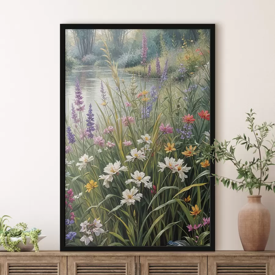 Fotobehang Wilde bloemen en hoog gras. De algehele scène toont een levendig, natuurlijk landschap f38829
