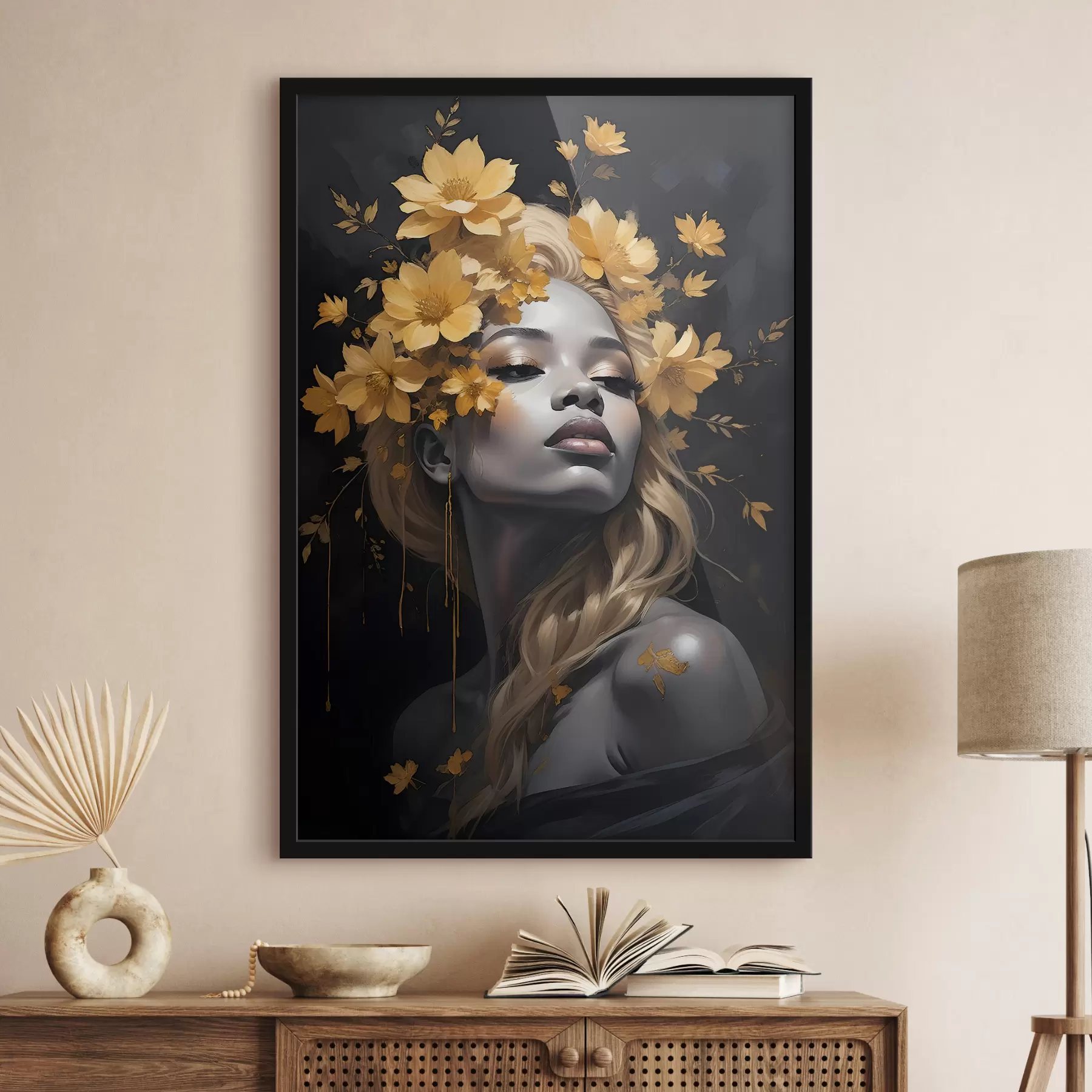 Fotobehang Een portret van een jonge vrouw omringd door geel herfstbladeren tegen een donkere achtergrond f38834