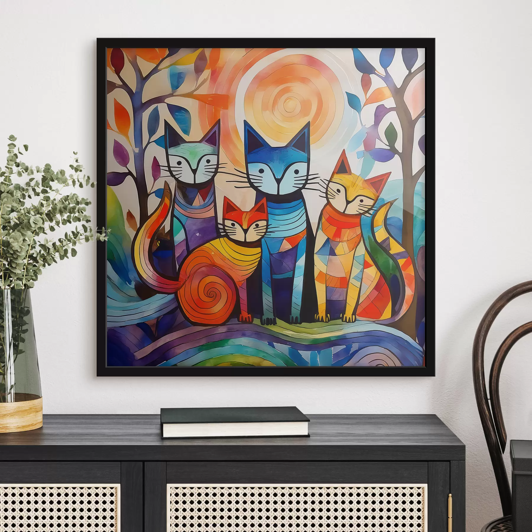 Fotobehang Veelkleurige abstractie met interessante katten f38815
