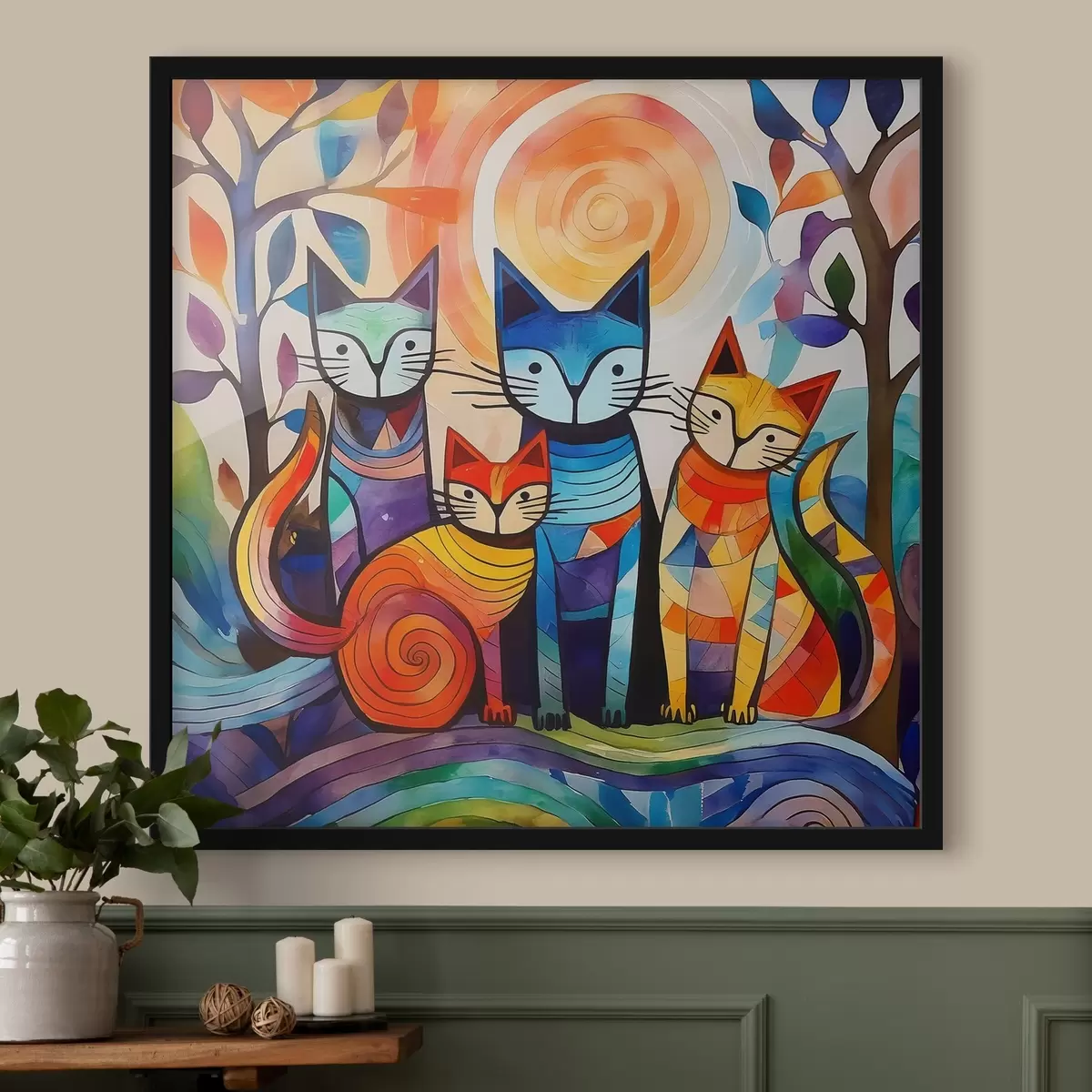 Poster Veelkleurige abstractie met interessante katten f38815