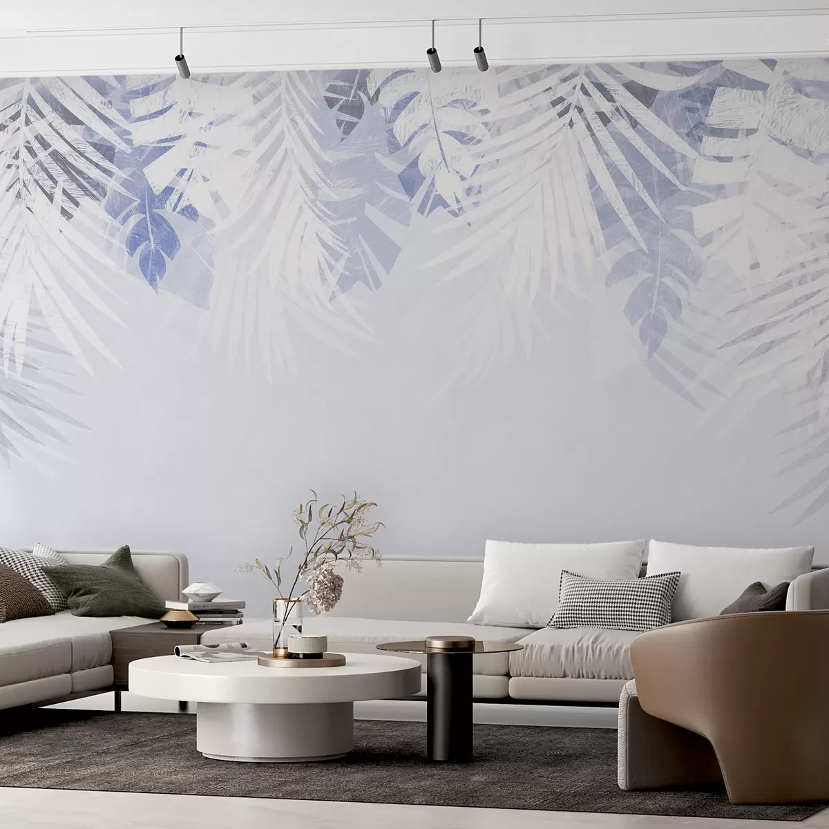 Papier peint photo Feuillage et brindilles tropicaux, couleur blanche et bleue w00793v1