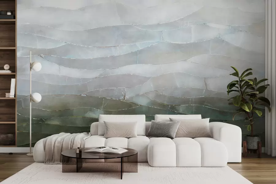 Fotobehang Getextureerd mistig, heuvelachtig abstract gradiëntlandschap met glooiende groene velden door de mist w00795