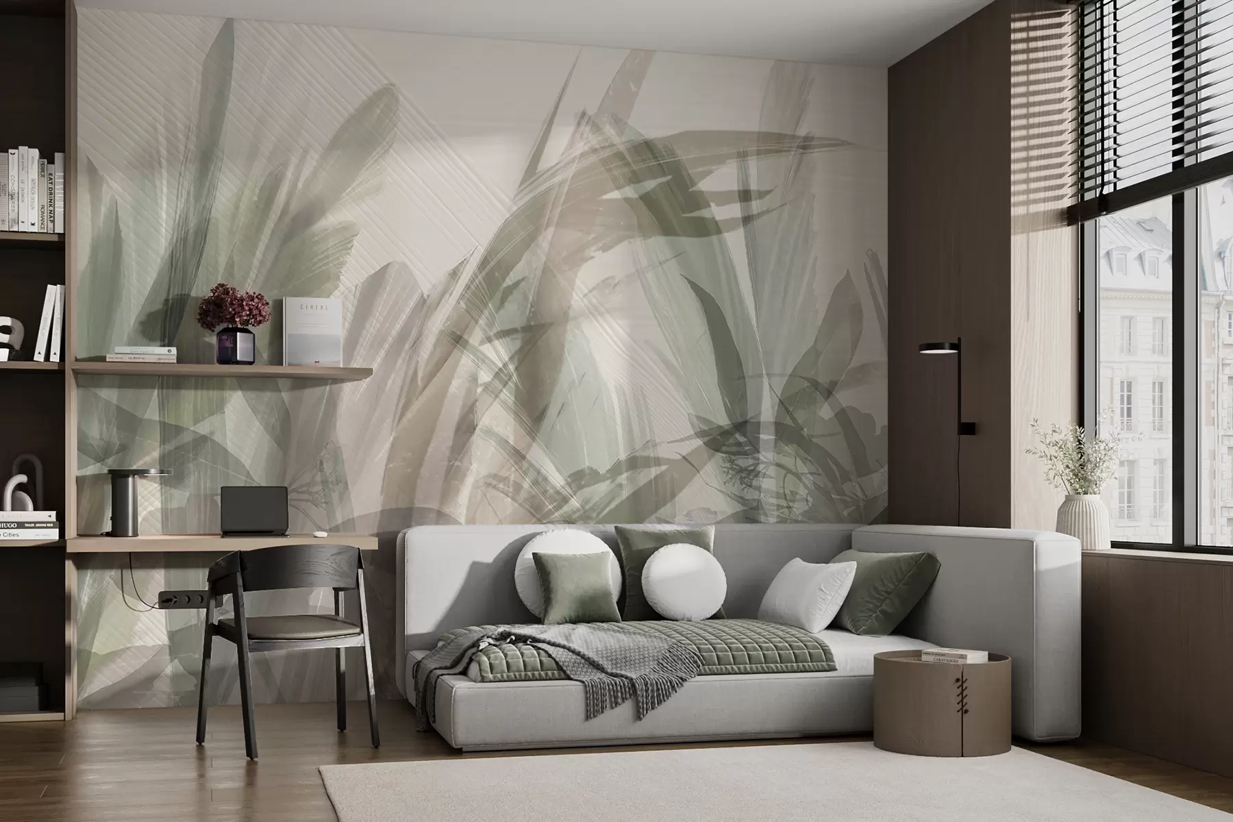 Fotobehang Abstracte multicompositie van wazige grasachtige tropische bladerenvormen in lichtgroene en grijze tinten w00798