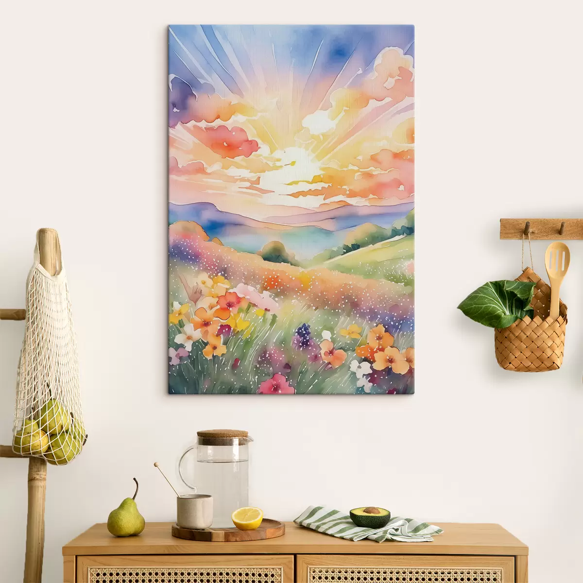 Peintures Coucher de soleil dans le champ d'été, fleurs, soleil, ciel coloré, nuages, nature s38842