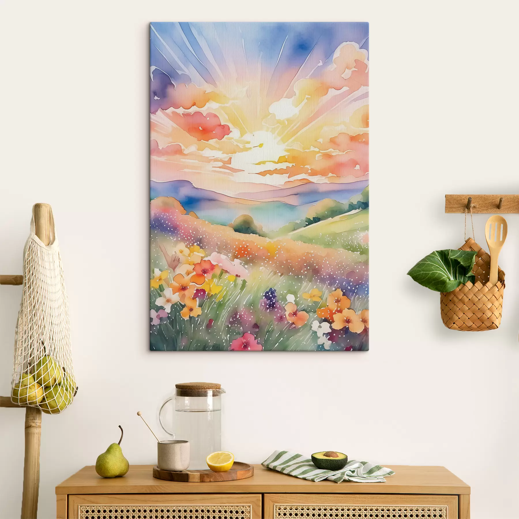  Schilderijen Zonsondergang in het zomerveld, bloemen, zon, kleurrijke lucht, wolken, natuur s38842