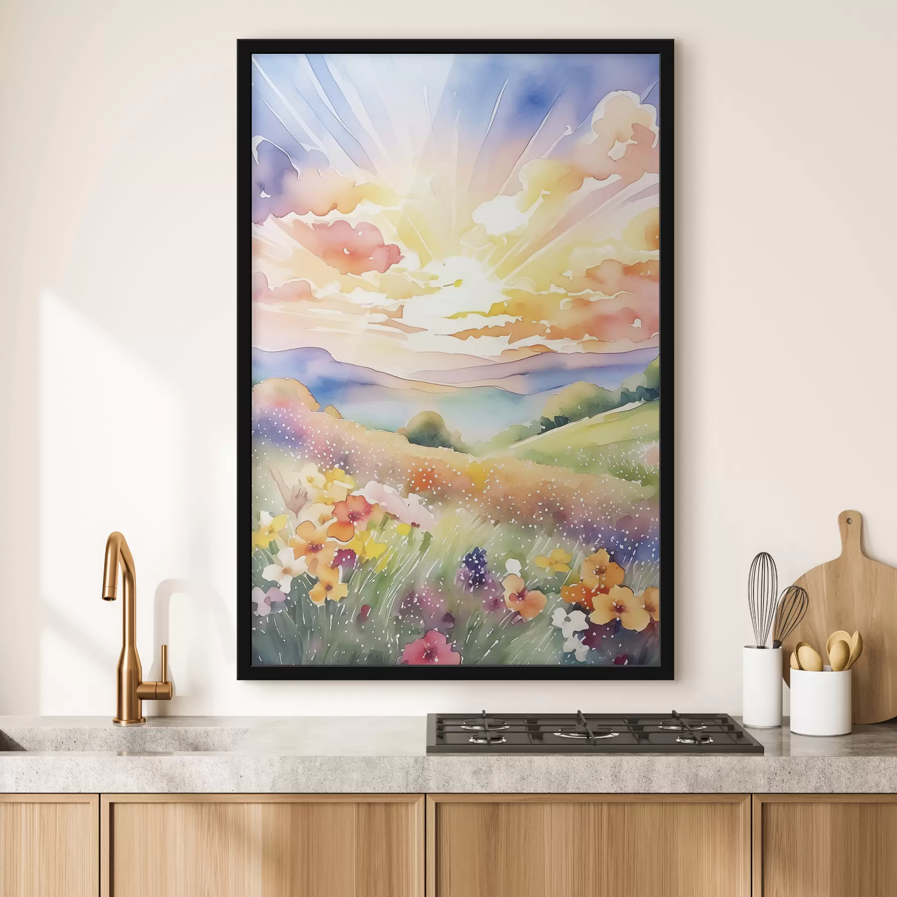 Fotobehang Zonsondergang in het zomerveld, bloemen, zon, kleurrijke lucht, wolken, natuur f38842