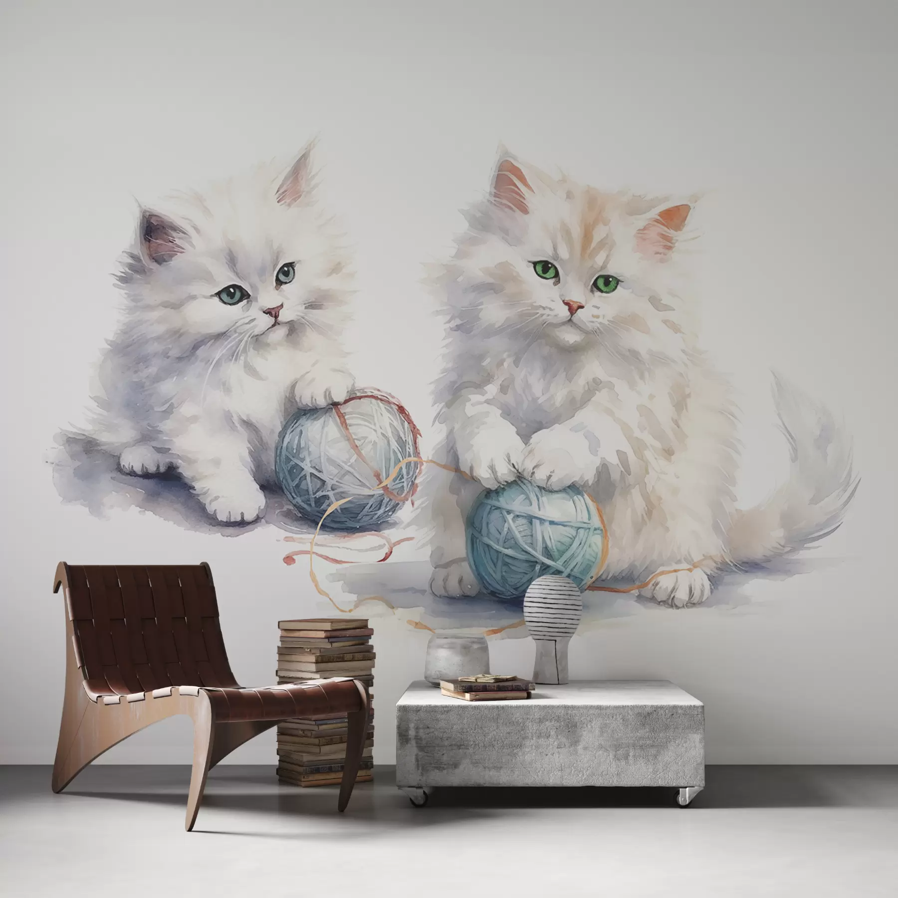 Papier peint photo Chats blancs moelleux avec une pelote de fil bleue, aquarelle w00843