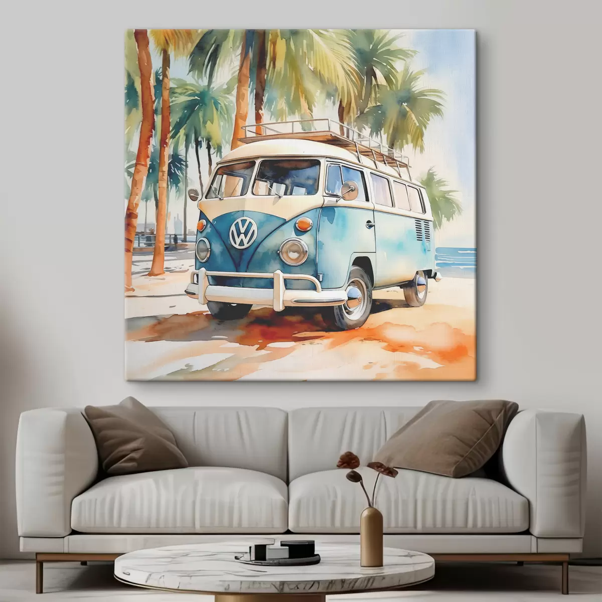  Peintures Une voiture de voyage est garée sur la plage sur fond d’aquarelle de palmiers s38911