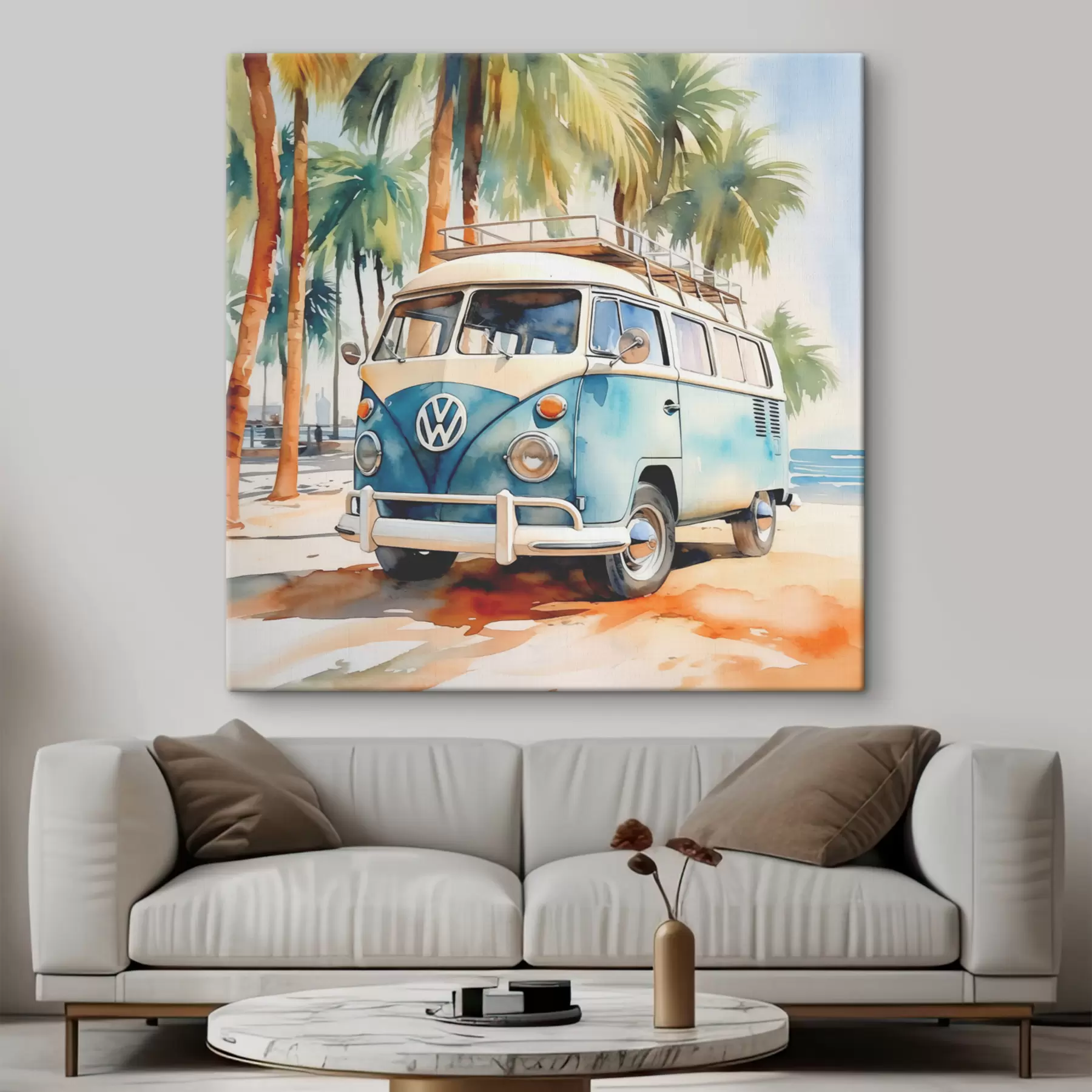 Fotobehang Een reisauto staat geparkeerd op het strand tegen een achtergrond van palmbomen aquarel s38911