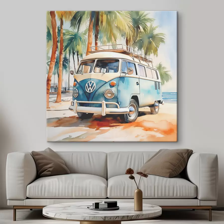  Peintures Une voiture de voyage est garée sur la plage sur fond d’aquarelle de palmiers s38911