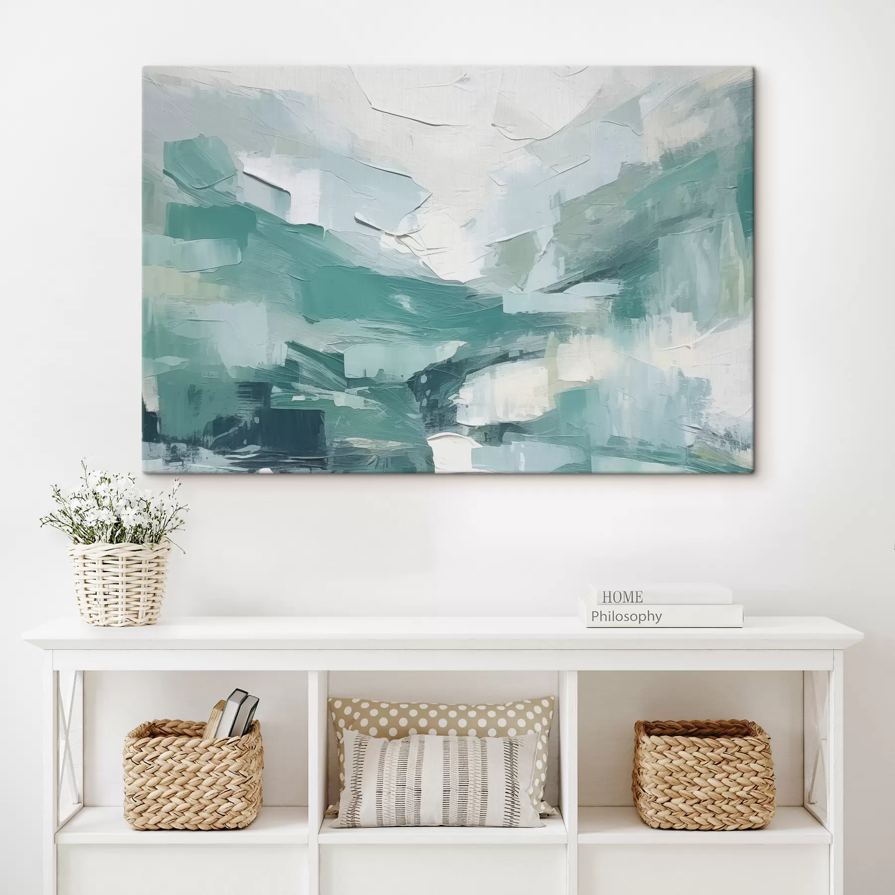 Fotobehang Abstractie van blauwe en witte grote lijnen, imitatie van olieverfschilderij, minimalisme s38915