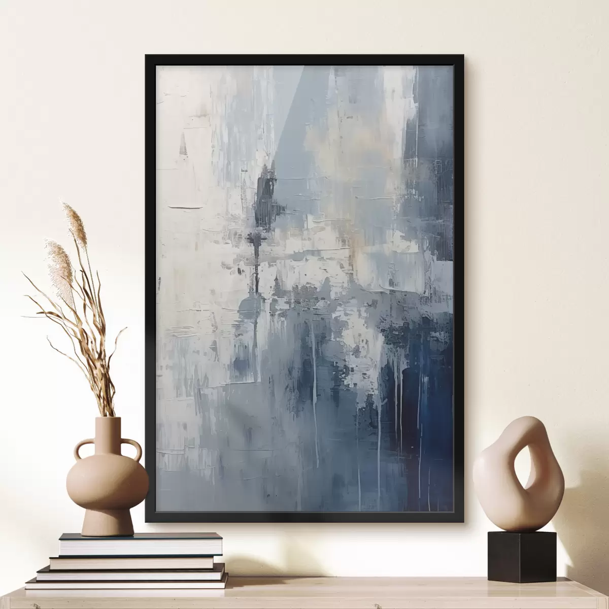 Poster Abstract minimalistisch olieverfschilderij, gewreven, geometrisch, vlek, blauwe en witte kleur f38906