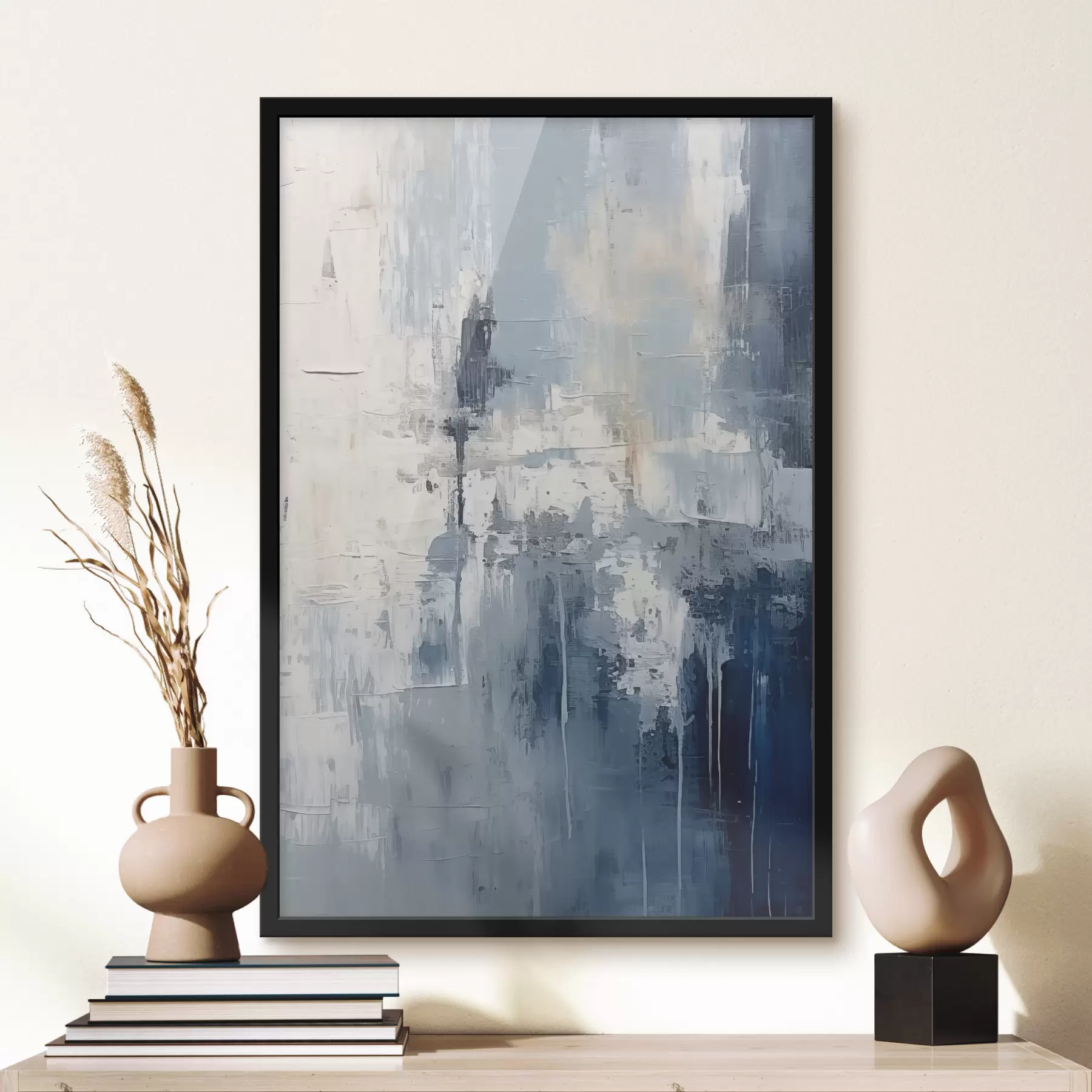  Schilderijen Abstract minimalistisch olieverfschilderij, gewreven, geometrisch, vlek, blauwe en witte kleur f38906