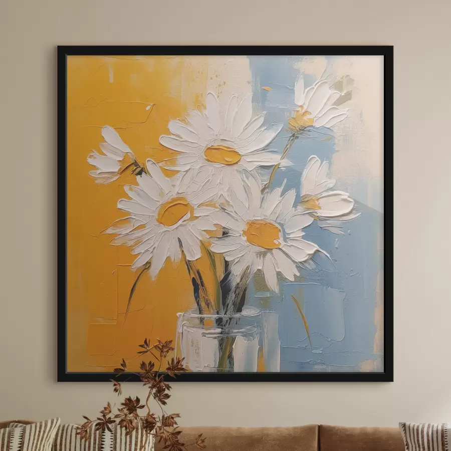  Schilderijen Witte madeliefjes in een glazen vaas op een blauwe en gele achtergrond, imitatie van olieverfschilderij, grote lijnen f38907