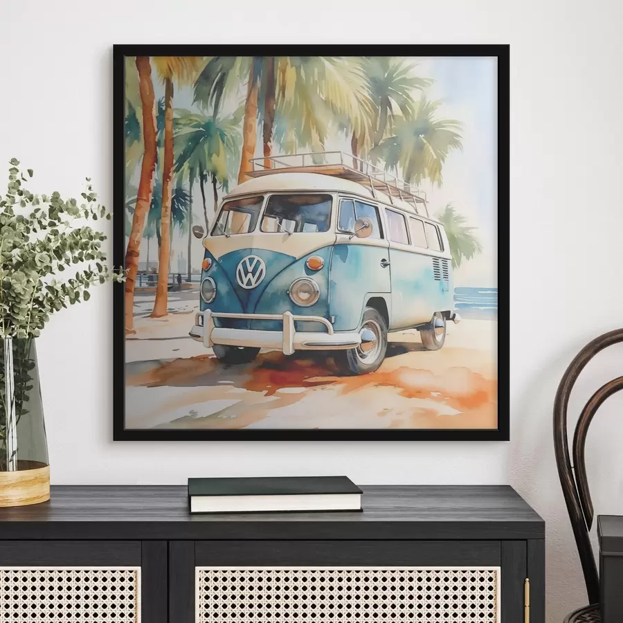 Fotobehang Een reisauto staat geparkeerd op het strand tegen een achtergrond van aquarelpalmbomen f38911