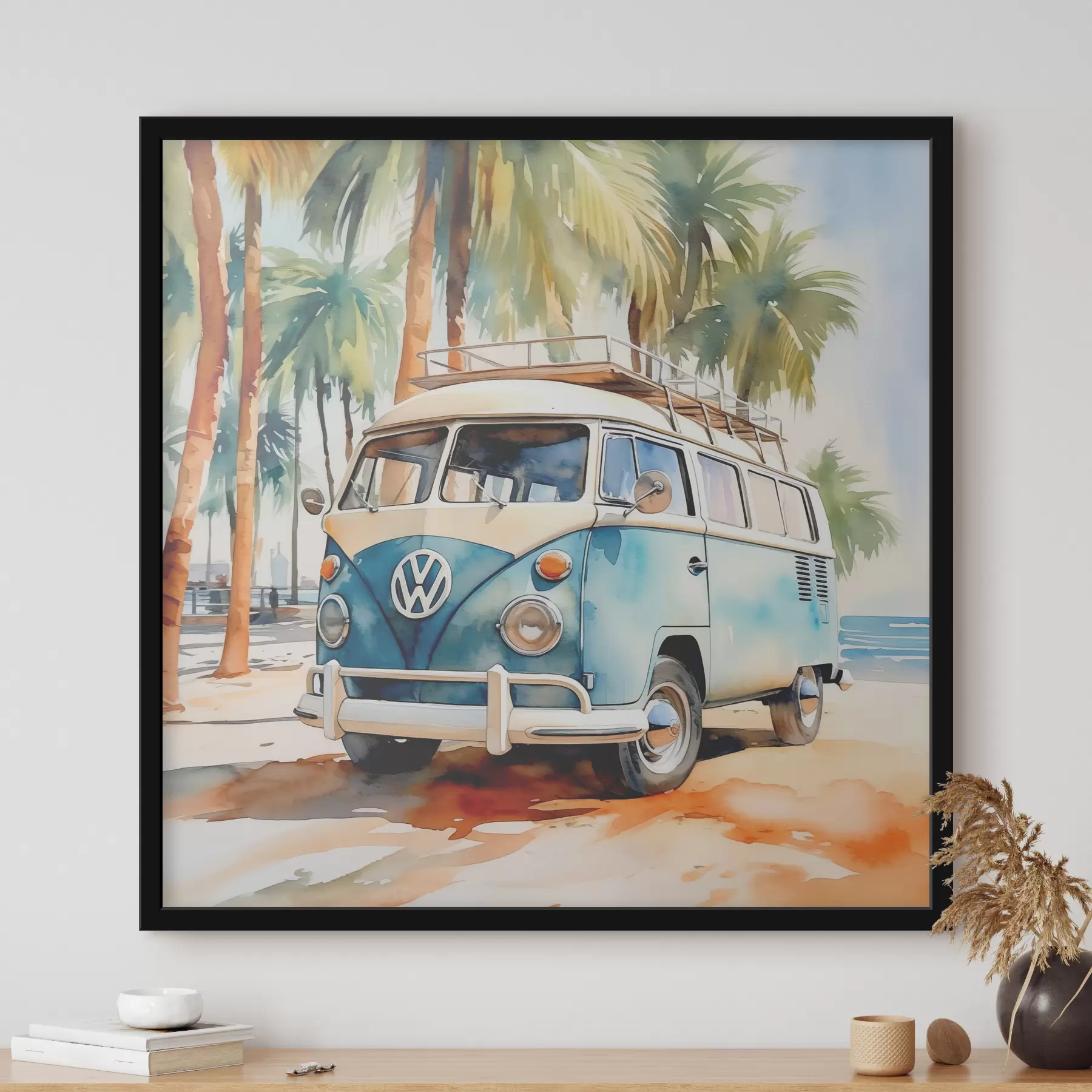  Peintures Une voiture de voyage est garée sur la plage sur fond d'aquarelle de palmiers f38911