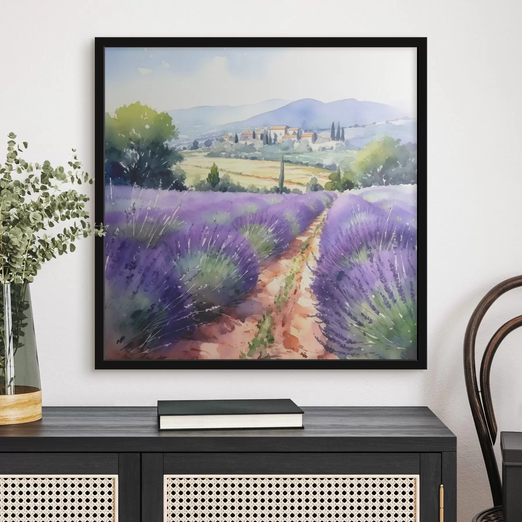 Peintures Aquarelle d'un champ de lavande sur fond de montagnes et de campagne f38913