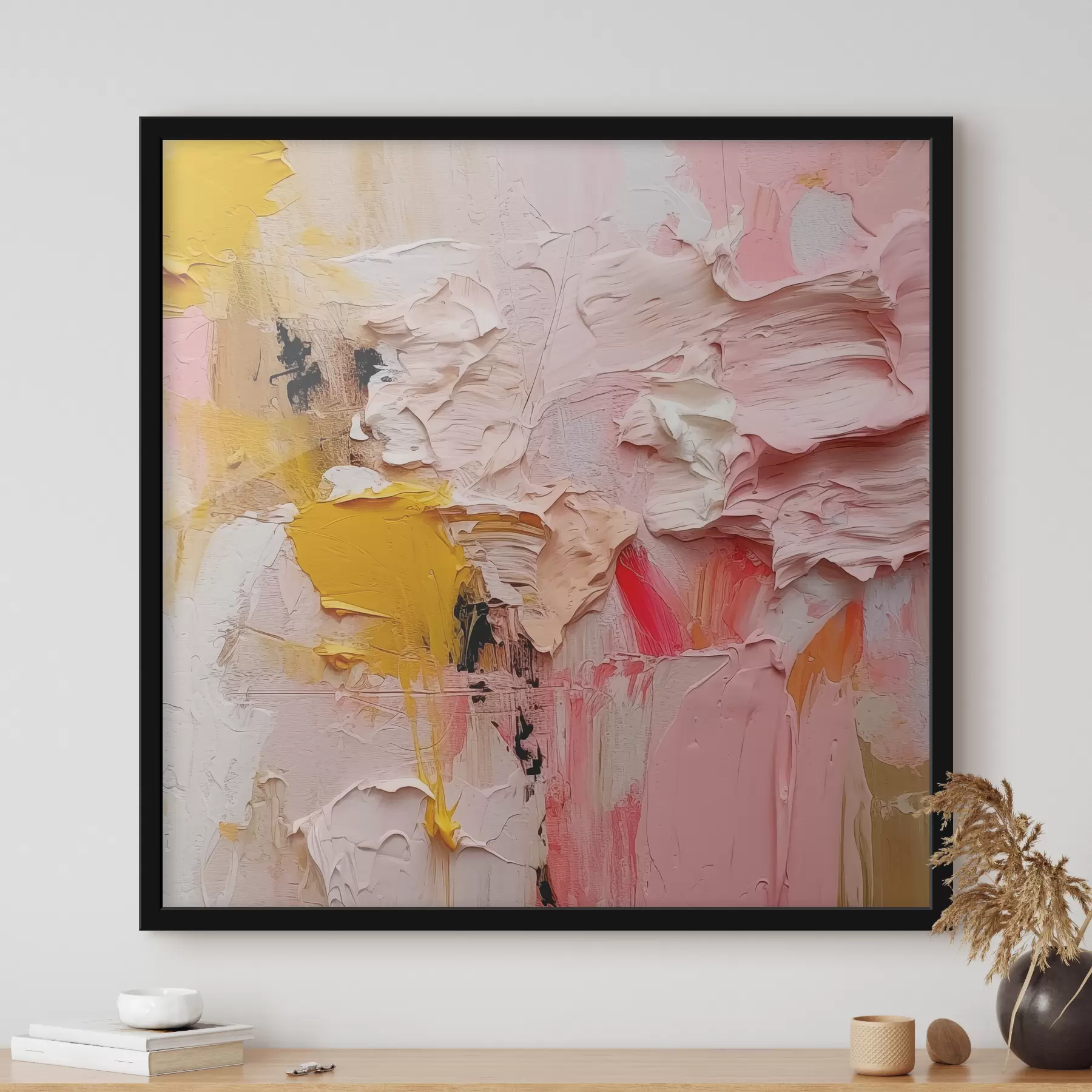 Fotobehang Abstract expressionisme van grote verfstreken in roze, geel en wit f38916