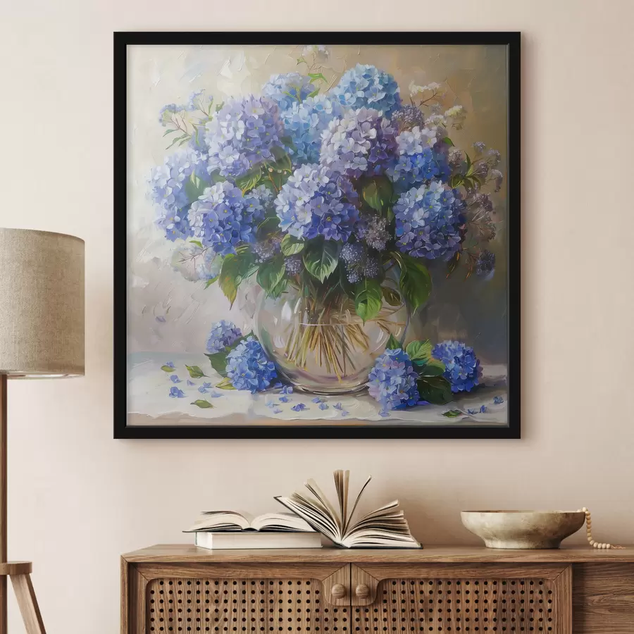 Fotobehang Blauwe hortensia's op tafel f38709