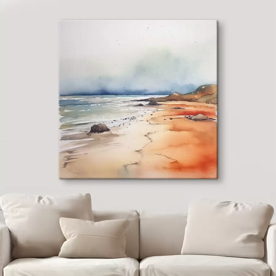  Schilderijen Zee en strand, regen, aquarel, spatten, landschap, landschap, blauw, oranje kleur s38936