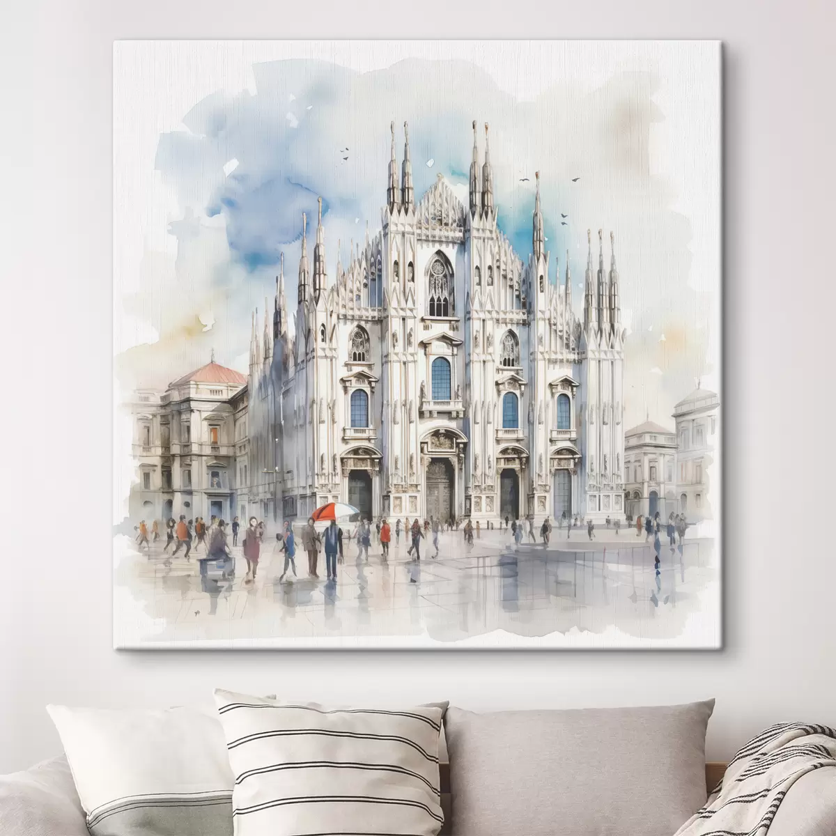  Peintures Cathédrale Duomo de Milan, architecture, ville, pluie, aquarelle, bleu, gris, passants s38938